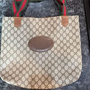 Beige and Brown Tote with Green and Red Straps